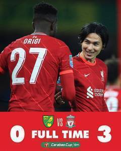 英联杯-奥里吉传射南野拓实双响 利物浦3-0诺维奇
